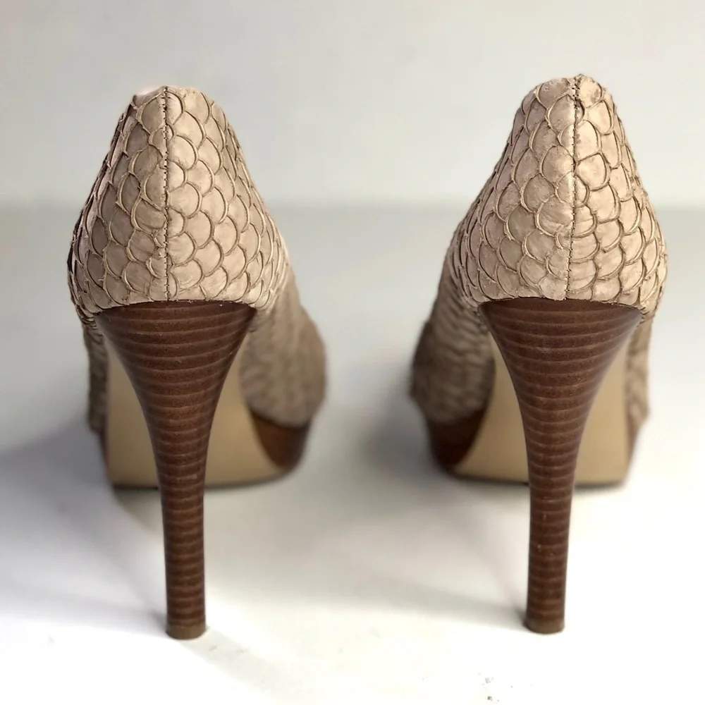 Calvin Klein Kendall fish skin textured scaly stilettos platform tan beige sand